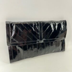 Vintage Exotic Eel Skin Envelope Clutch Black Bag Removable Strap Shoulder